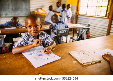 KENYA, RUSINGA Island, UTAJO Village - OCTOBER 24, 2016: Children In A Poor African Class, School