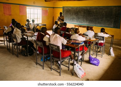 KENYA, RUSINGA island, UTAJO village - OCTOBER 24, 2016: children in a poor african class, school