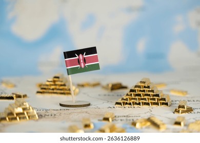 Kenyan flag stands on a world map amidst shining miniature gold bars, representing national economic prosperity, valuable natural resources, and global market integration