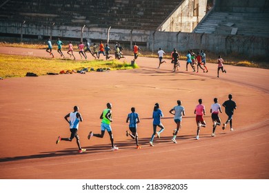 Kenyan Runners Training On The Athletics Track In The Morning In Eldoret. Illustration Photo For Marathon, Running And Athletics. Track And Field Training In Kenya