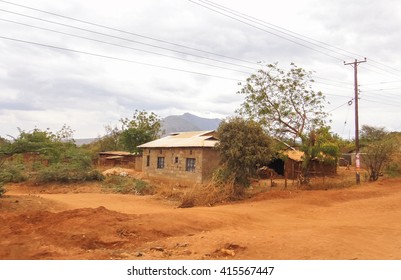 Kenyan Village In African Savannah. Eastern Africa House