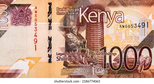 Kenyatta statue and Kenyatta International Convention Centre, Portrait from Kenya 1000 Shillings 2019 Banknotes.