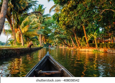 Kerala backwaters tourism travel in canoe boat. Kerala, India
