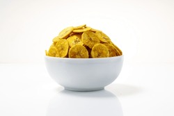 Kerala Chips Or Banana Chips, Cult Snack Item Of Kerala,arranged In A White Bowl Isolated Image With White Background
