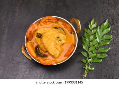 Kerala Fish Curry Coconut Milk Gravy , Cooking Spicy Goan Fish Curry , Indian Fish Curry Bengali Fish Curry In Coconut Milk Kolkata, India Sri Lanka. Lankan Food.	