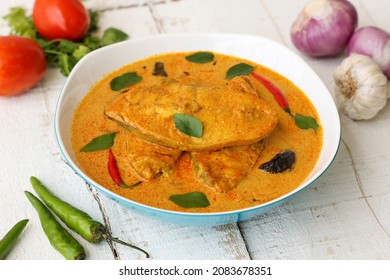 Kerala Fish Curry Coconut Milk Gravy. Cooking Spicy Goan Fish Curry , Indian Bengali Seafood In Coconut Milk Kolkata, India Sri Lanka. Lankan Food.