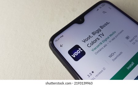 Kerala, India 24-Aug-2022 Voot Colors Tv Ott App, Application Or Software Opened On Google Play Store In Smartphone, Mobile Or Cellphone Device Screen Isolated On White Background With Copy Space.