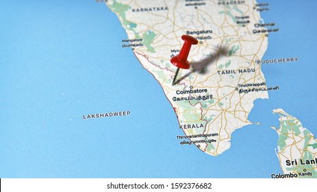 Kerala, India On A Map Showing A Colored Pin