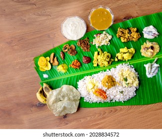 Kerala onam and vishu sadhya or feast with multiple curries, served in marriages and functions 