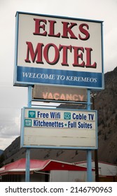 Keremeos BC Canada April 14 2022: Motel Signs Along The Crowsnest Highway In Small Town In British Columbia, Vacancy In Motels With Old And Vintage Signage, Truck Stop For Long Road Trips Interior BC