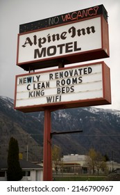 Keremeos BC Canada April 14 2022: Motel Signs Along The Crowsnest Highway In Small Town In British Columbia, Vacancy In Motels With Old And Vintage Signage, Truck Stop For Long Road Trips Interior BC