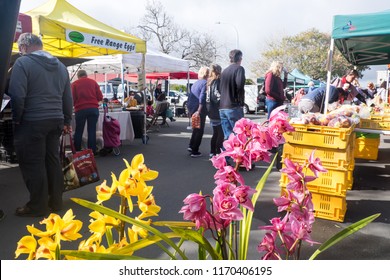 Kerikeri, New Zealand, NZ - August 26, 2018: Shoppers And Stalls At The Bay Of Islands Farmers' Market