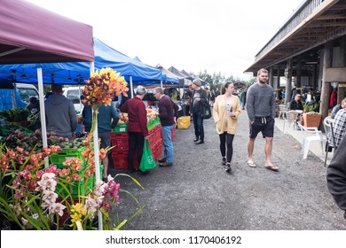 Kerikeri, New Zealand, NZ - September 1, 2018: Shoppers And Stalls At The Old Packhouse Market