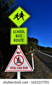kerikeri,new Zealand,19/2/20,yellow and white road sign warning motorist of children and buses present and fire ban