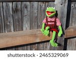 Kermit with leather pants and a checked shirt