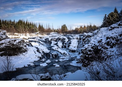 Kermoafoss Waterfall In Winter, Surrounded By The Forest, Reykjavik, Iceland. 