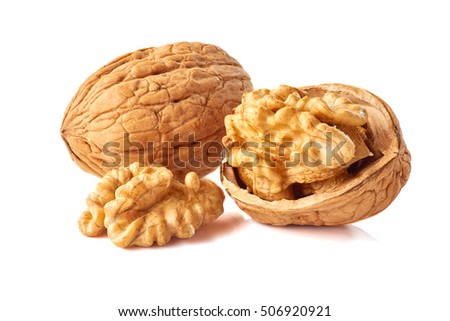 Kernel and whole walnut on white