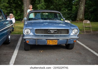 Kernersville, North Carolina United States August 21, 2022 A Blue Mustang Car At An Outdoor Church Car Show