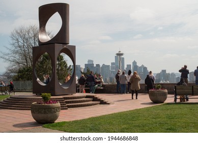 Kerry Park, Seattle, WA, USA, March 27, 2021; Tourism People Enjoying Kerry Park Overlooking Seattle Skyline And The Space Needle