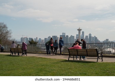 Kerry Park, Seattle, WA, USA, March 27, 2021; Tourism People Enjoying Kerry Park Overlooking Seattle Skyline And The Space Needle