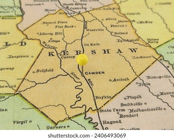 Kershaw County, South Carolina marked by a yellow tack on a colorful vintage map. The county seat is located in the city of Camden, SC.