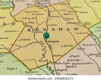 Kershaw County, South Carolina marked by a green tack on a colorful vintage map. The county seat is located in the city of Camden, SC.
