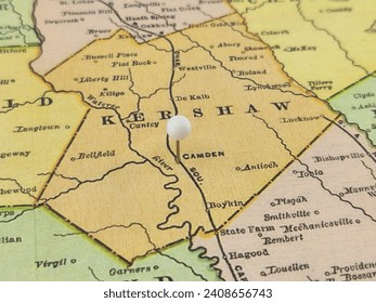 Kershaw County, South Carolina marked by a white tack on a colorful vintage map. The county seat is located in the city of Camden, SC.