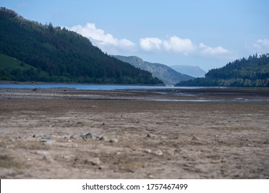 Keswick, Cumbria / UK - June 9th 2018: Photos showing the drastically low water levels at Thirlmere Reservoir near Keswick in The Lake District. As an official drought is announced 