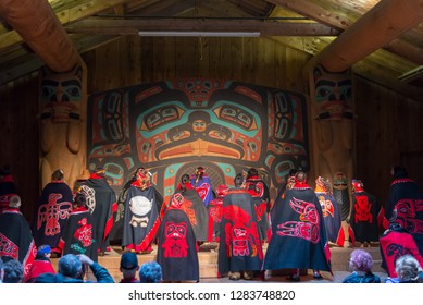 Ketchican, Alaska / USA - 06/30/2015 Alaska Natives, First People Of Alaska Creating Art, Carving And Dance