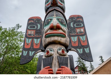 Ketchikan, Alaska - July 29, 2022: Tlinget Totem Poles In Ketchikan.