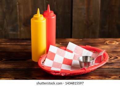 Ketchup And Mustard Bottle With Plastic Basket