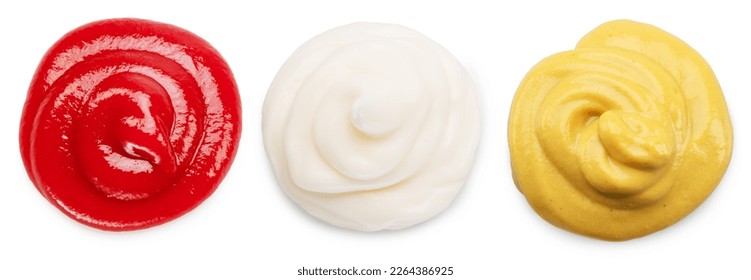 Ketchup, mustard and mayonnaise stains on white background. File contains clipping path.