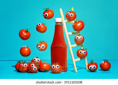 Ketchup sauce with fresh tomatoes on a blue background. toning. selective focus