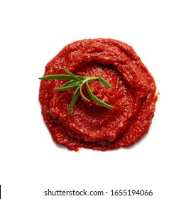 Ketchup Splash Or Tomato Sauce Blob Isolated On White Background. Catsup Paste Dollop Or Pomidor Splash Drop Top View