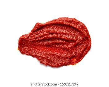 Ketchup Splash Or Tomato Sauce Blob Isolated On White Background. Catsup Paste Dollop Or Pomidor Splash Drop Top View