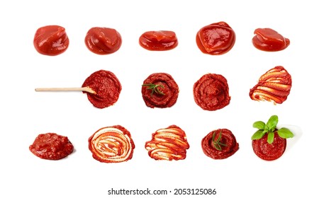 Chisporras de ketchup o blob de salsa de tomate aislado en fondo blanco. Colección de salchichas de pasta o salpicadura de pomidor con verduras frescas