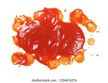 Ketchup, Tomato Sauce Splatter, Spill Isolated On White Background, Top View