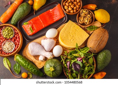 Keto diet concept. Ketogenic diet food. Balanced low-carb food background. Vegetables, fish, meat, cheese, nuts on a dark background.