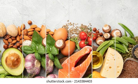 Keto Diet Food On Light Gray Background. Healthy Low Carb, High Fat Diet. Copy Space, Collage