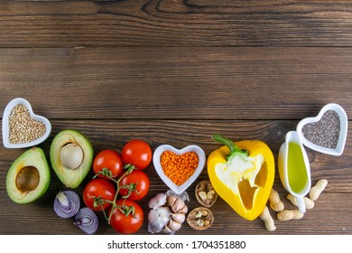 Keto Diet. Vegetables Seeds And Nuts Are Lined Up. Top Views Clear Space.