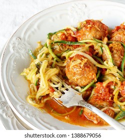 Keto Dish. Zucchini Pasta Noodles With Meatballs. Without Carbohydrates, Rich In Protein .   Zoodles
