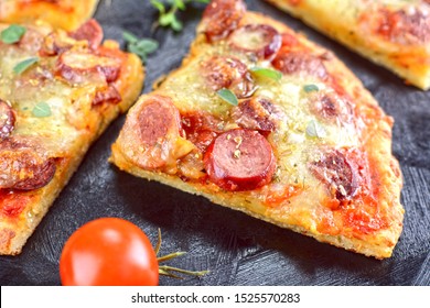 Keto Fathead Pizza With Mozzarella Crust And Pepperoni And Cheese Topping- A Set Of Photos Showing The Recipe Ingredients, Method And The Final Dish