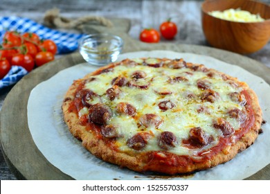 Keto Fathead Pizza With Mozzarella Crust And Pepperoni And Cheese Topping- A Set Of Photos Showing The Recipe Ingredients, Method And The Final Dish