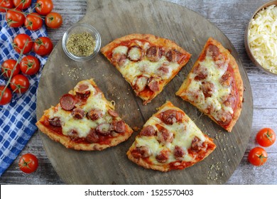 Keto Fathead Pizza With Mozzarella Crust And Pepperoni And Cheese Topping- A Set Of Photos Showing The Recipe Ingredients, Method And The Final Dish