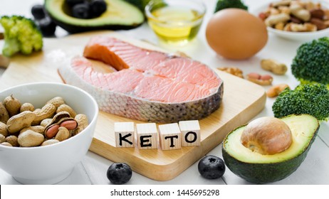 Keto Or Ketogenic Diet On White Wooden Background, Low Carb Eating With High Protein And Good Fat Source