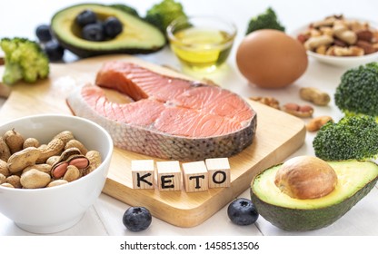 Keto Or Ketogenic Diet On White Wooden Background, Low Carb Eating With High Protein And Good Fat Source