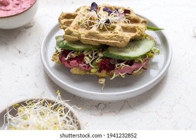 Keto , Low Carb Avocado Waffles With Beet Hummus And Sprouts