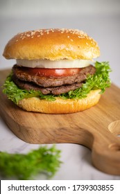 Keto Meat Burger On The Wooden Plate