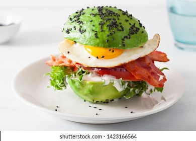 Keto Paleo Diet Avocado Breakfast Burger With Bacon, Egg, Tomato