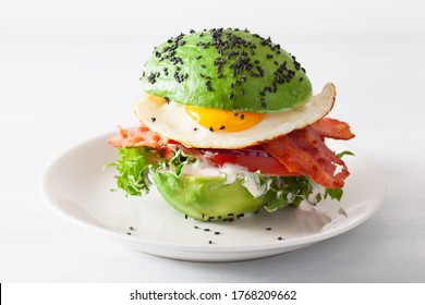 Keto Paleo Diet Avocado Breakfast Burger With Bacon, Egg, Tomato